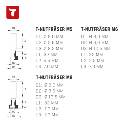 STIER T-Nutfräser-Set 3-teilig M5 M6 und M8 Schrauben 8 mm für Oberfräsen