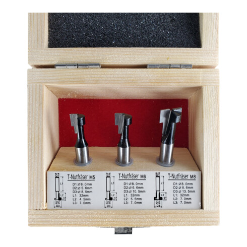 STIER T-Nutfräser-Set 3-teilig M5 M6 und M8 Schrauben 8 mm für Oberfräsen