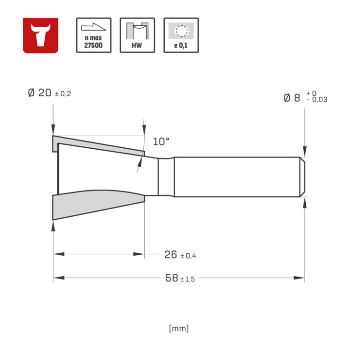 STIER Tandenfrees HW 8 mm, diameter 20 mm, NL 26 mm, 10 graden