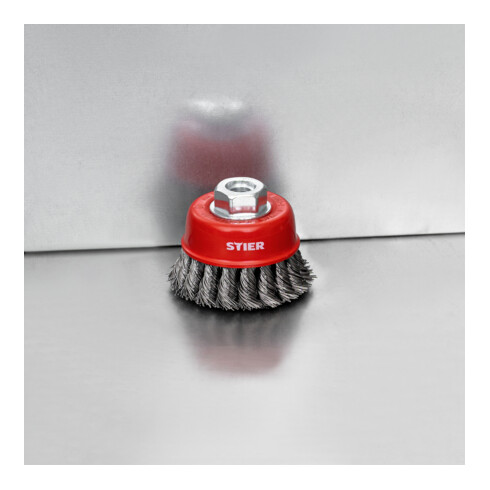 STIER Topfbürste Ø 65 mm, M14, 0,5 mm, gezopft, Stahl