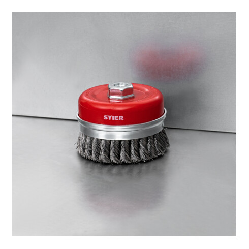 STIER Topfbürste Ø 100 mm, M14, 0,5 mm, gezopft, Stahl