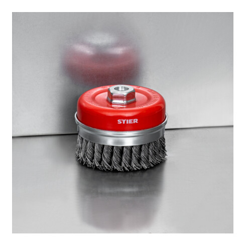 STIER Topfbürste Ø 100 mm, M14, 0,8 mm, gezopft, Stahl