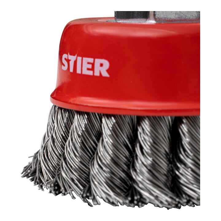 STIER Topfbürste Ø 65 mm, M14, 0,5 mm, gezopft, Stahl