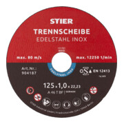 STIER Trennscheibe Edelstahl 125 x 1,0 x 22,23 mm, Form gerade, 25 Stück