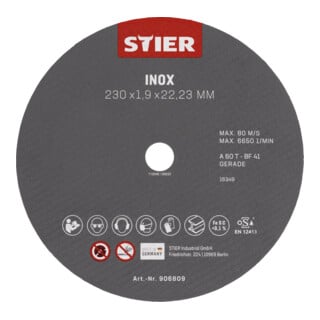STIER Trennscheibe Edelstahl/Inox 230 x 1,9 x 22,23 mm, Form gerade