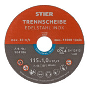 STIER Trennscheibe / Flexscheibe 115 x 1,0 x 22,23 mm gerade Inox / Edelstahl