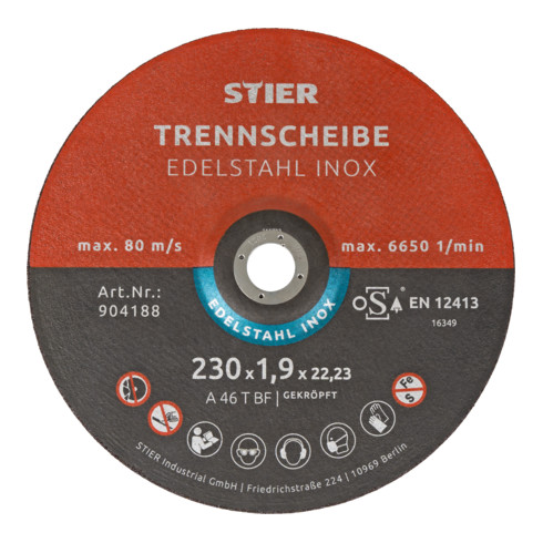 STIER Trennscheibe / Flexscheibe 230 x 1,9 x 22,23 mm gekröpft Inox / Edelstahl