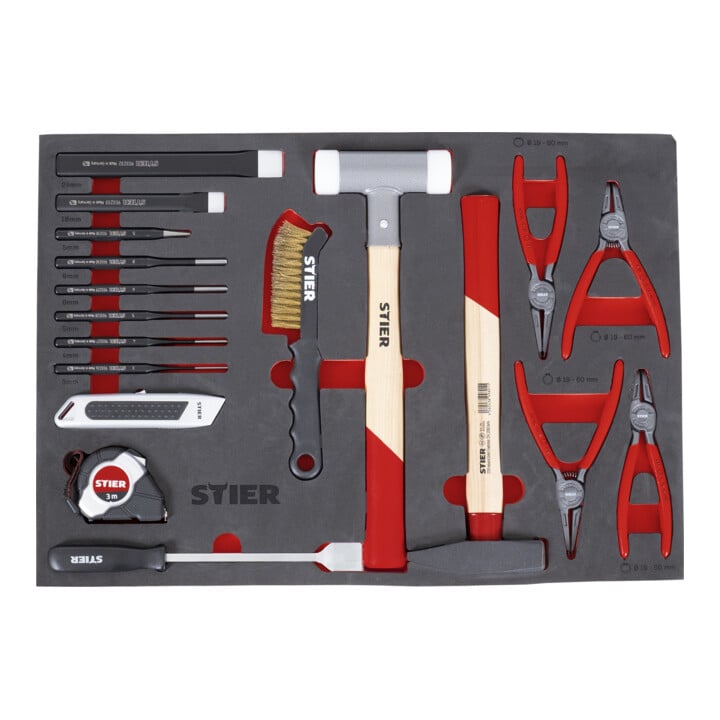Set STIER Fahrbare Werkbank 7 Frontschubladen und 5 Seitschubladen leer + Universal-Werkzeugsatz 18-teilig + Schraubendreher & Zangensatz 17-teilig + Steckschlüssel-Satz 1/4'' 3/8'' 1/2'' 179-teilig + Ringmaul- & Doppelringschlüsse