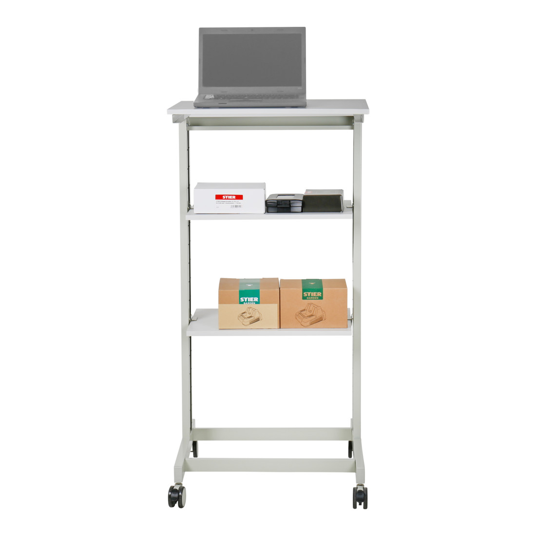 STIER verrijdbare computertafel, 1180 mm hoogte x 600 mm breedte x 500 mm diepte, grijs