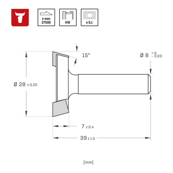 STIER vlakfrees HW 8 mm diameter 28 mm NL 7,5 mm 5 graden