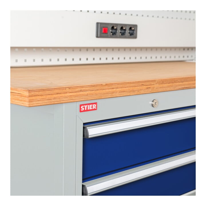 STIER Werkbank mit 11 Schubladen BxTxH 2000x600x960 mm RAL 7035 / RAL 5010