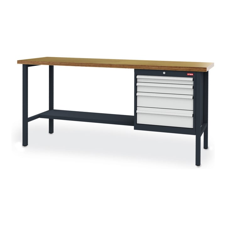 Set STIER Werkbank mit 4 Schubladen BxTxH 2000x600x960 mm RAL 7016 / RAL 7035...