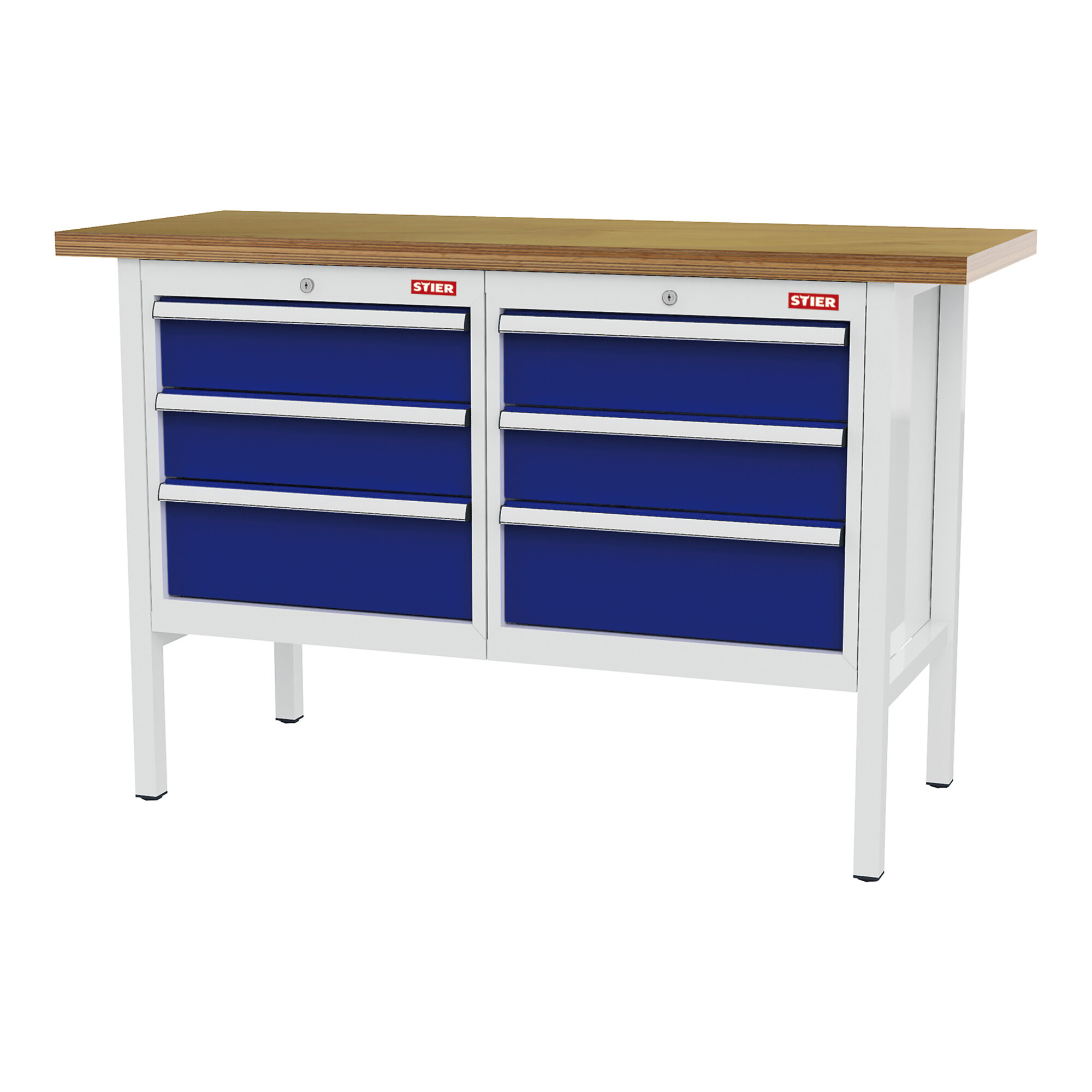 STIER Werkbank mit 6 Schubladen BxTxH 1500x600x960 mm RAL 7035 / RAL 5010