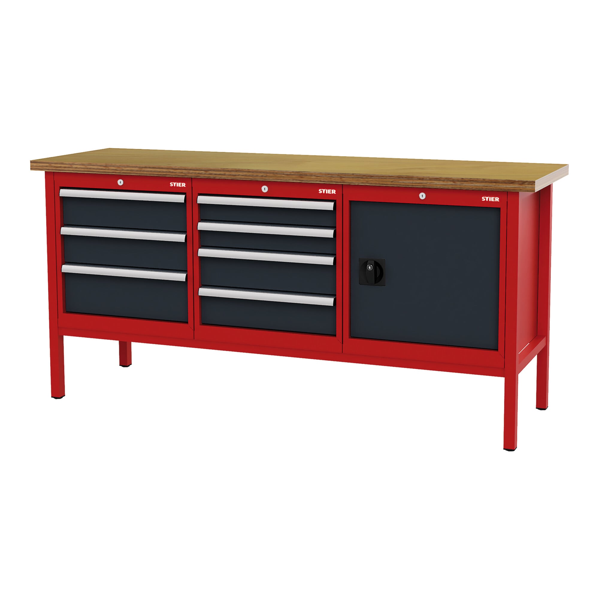 STIER Werkbank mit 7 Schubladen und 1 Tür BxTxH 2000x600x960 mm RAL 3020 / RAL 7016