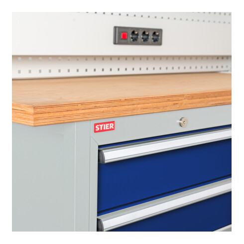 STIER Werkbank mit 8 Schubladen BxTxH 2000x600x960 mm RAL 7035 / RAL 5010
