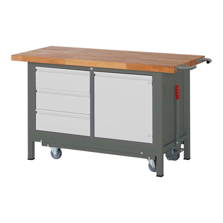 Set STIER Werkbank Premium mit abs. Fahrgestell, 3 Schubladen und 1 Flügeltür BxTxH 1500x700x880 mm + Werkbankaufbau BxH 1500x900mm