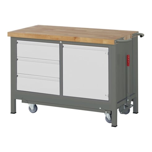 STIER Werkbank Premium mit abs. Fahrgestell, 3 Schubladen und 1 Flügeltüren BxTxH 1250x700x880mm