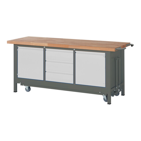 STIER Werkbank Premium mit abs. Fahrgestell, 3 Schubladen und 2 Flügeltüren BxTxH 2000x700x880mm