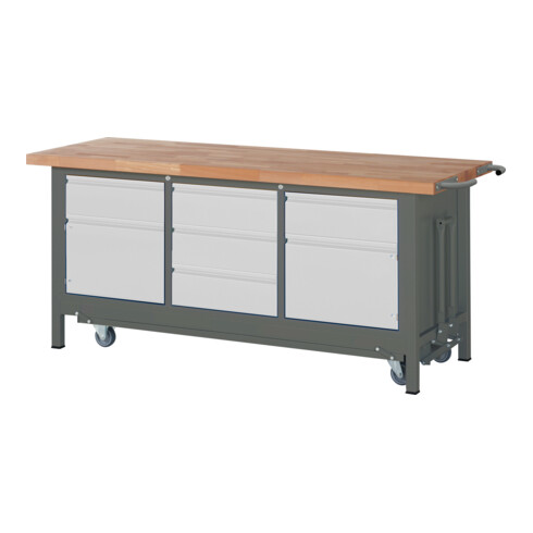 STIER Werkbank Premium mit abs. Fahrgestell, 5 Schubladen und 2 Flügeltüren BxTxH 2000x700x880mm