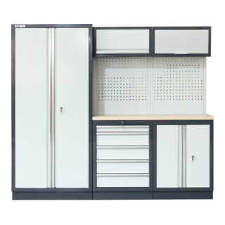 STIER werkplaatsinrichting Basic 6-delig met geperforeerde wand en werkblad van multiplex BxDxH 4235x460x2000 mm