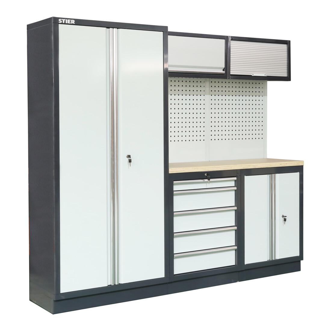 STIER werkplaatsinrichting Basic 6-delig met geperforeerde wand en werkblad van multiplex BxDxH 4235x460x2000 mm