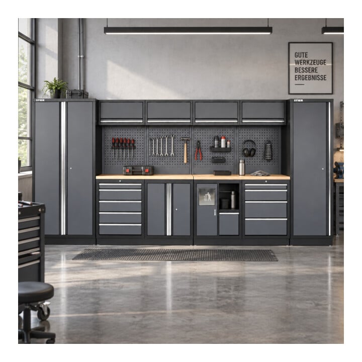 STIER werkplaatsinrichting Basic 6-delig met geperforeerde wand en werkblad van multiplex BxDxH 4235x460x2000 mm
