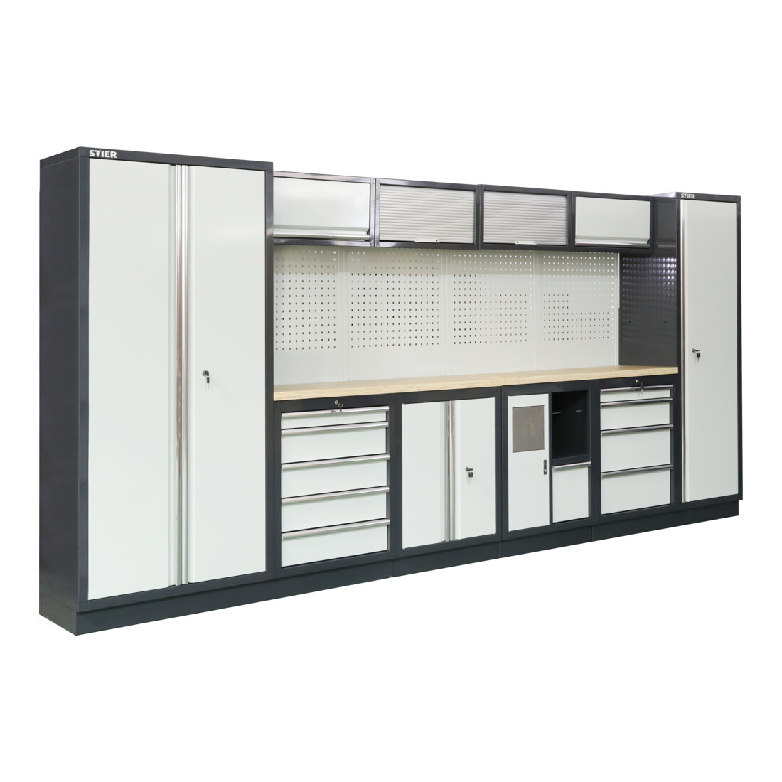STIER werkplaatsinrichting Basic 6-delig met geperforeerde wand en werkblad van multiplex BxDxH 4235x460x2000 mm