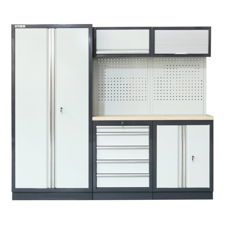 Set STIER Werkstatteinrichtung Basic 3-teilig mit Lochwand und Multiplex-Arbeitsplatte BxTxH 2275x460x2000mm + Systainer³ II Black Edition + Arbeits-Sitz für Werkstatt