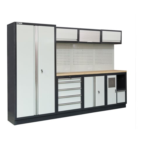 STIER Werkstatteinrichtung Basic 4-teilig mit Lochwand und Multiplex-Arbeitsplatte BxTxH 2955x460x2000mm