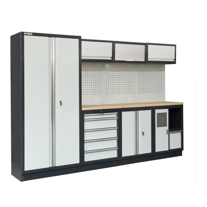 STIER Werkstatteinrichtung Basic 4-teilig mit Lochwand und Multiplex-Arbeitsplatte BxTxH 2955x460x2000mm