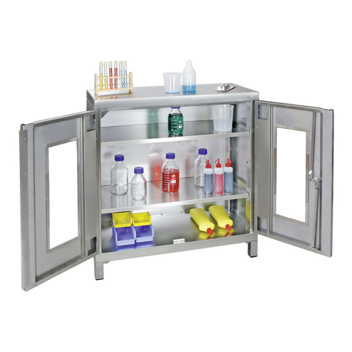 Stumpf Edelstahl-Sichtfensterschrank Cabinox, 1000x900x400mm, 2 Fachböden, Sockelfüße