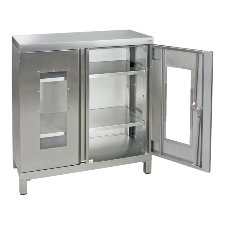 Stumpf Edelstahl-Sichtfensterschrank Cabinox, 1000x900x400mm, 2 Fachböden, Sockelfüße
