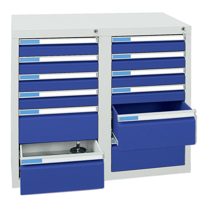 Stumpf Schubladenschrank Serie ESTA, 12 Schubladen enzianblau (8x100, 4x200mm)