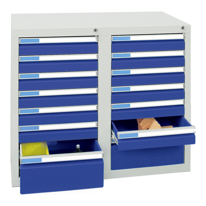 Stumpf Schubladenschrank Serie ESTA, 14 Schubladen enzianblau (12x100, 2x200mm)