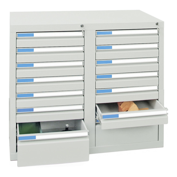 Stumpf Schubladenschrank Serie ESTA, 14 Schubladen lichtgrau (12x100, 2x200mm)