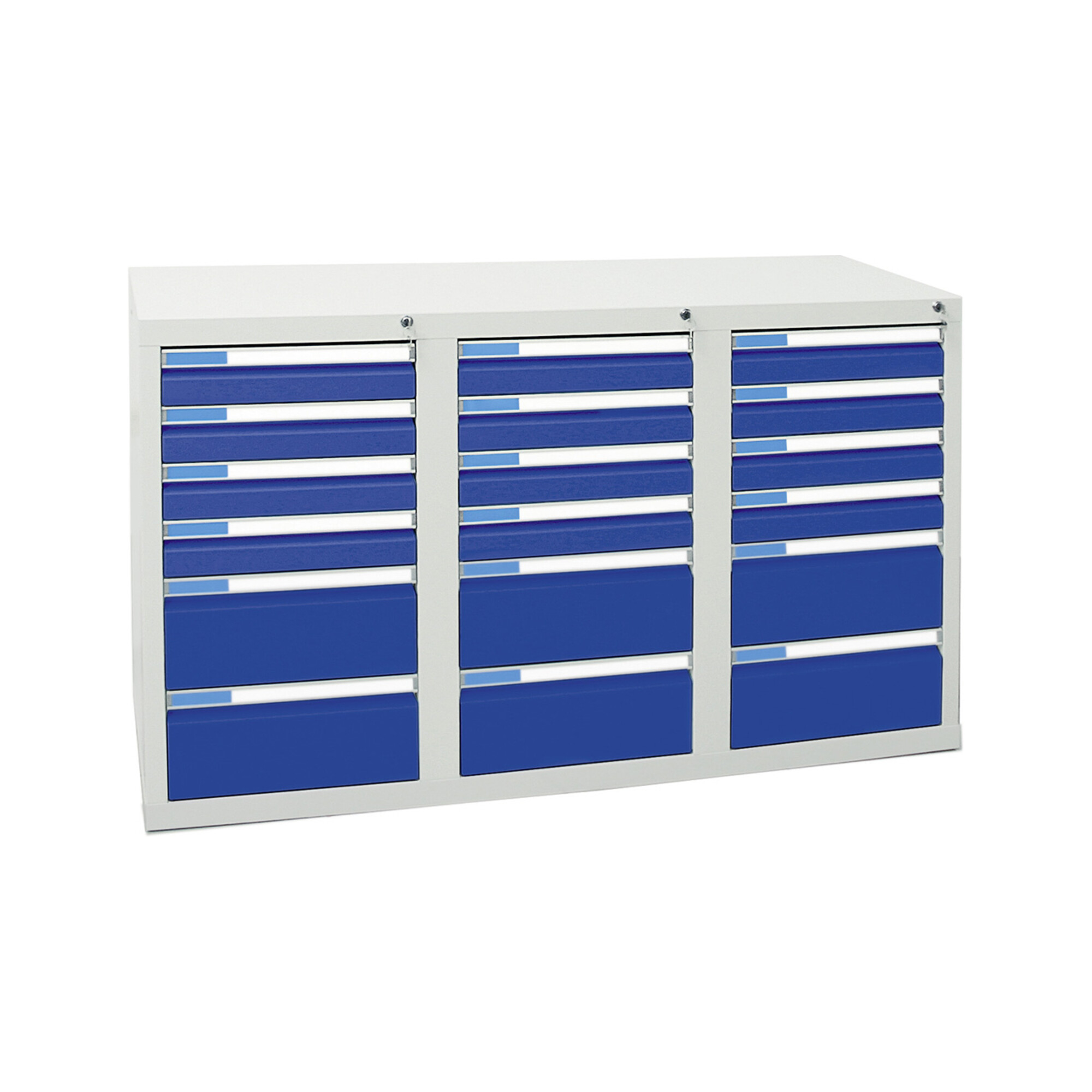 Stumpf Schubladenschrank Serie ESTA, 18 Schubladen enzianblau (12x100, 6x200mm) ; Stumpf Metall