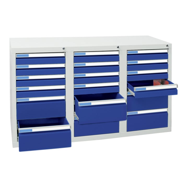 Stumpf Schubladenschrank Serie ESTA, 18 Schubladen enzianblau (12x100, 6x200mm)