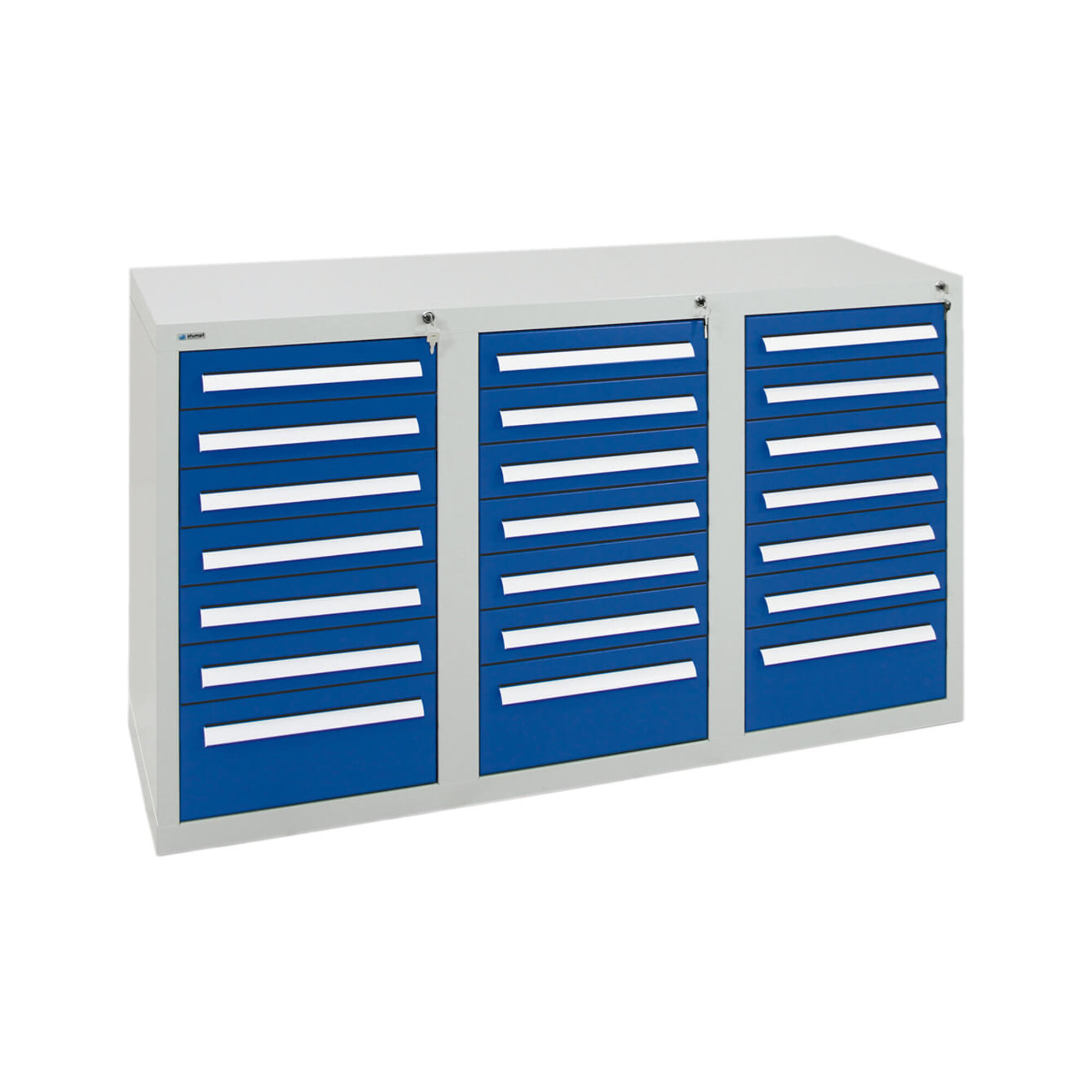 Stumpf Schubladenschrank Serie T-100/35-3, 21 Schubladen enzianblau (18x100, 3x200mm) ; Stumpf Metall