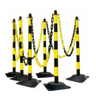 Support d'avertissement Moravia avec pied en caoutchouc dur noir/jaune Chaîne de 10 m + connecteur + crochet 6 pcs.