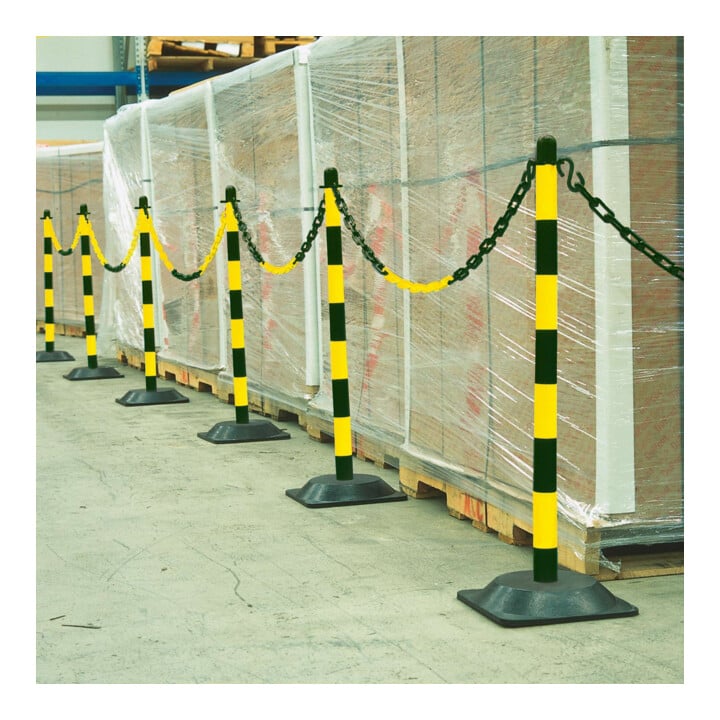 Support d'avertissement Moravia avec pied en caoutchouc dur noir/jaune Chaîne de 10 m + connecteur + crochet 6 pcs.