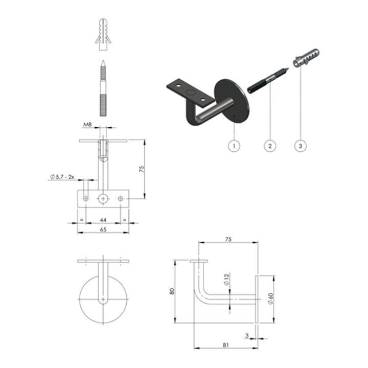 Support de main courante VA ma D.D.Plaque murale 60mm support droit