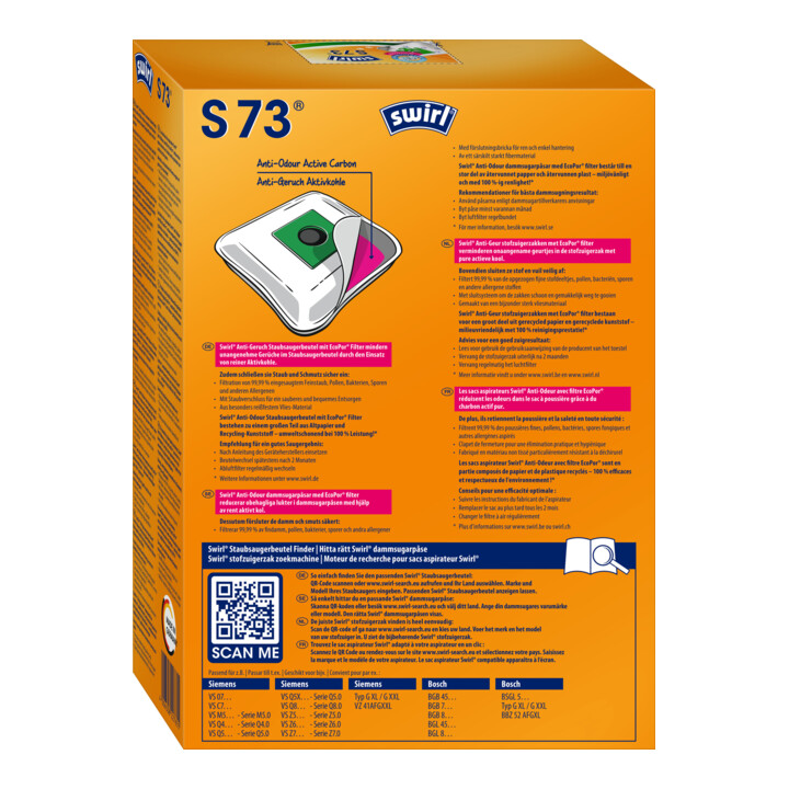 Swirl Sac à poussière S 73 anti-odeur VE4 Siemens Bosch