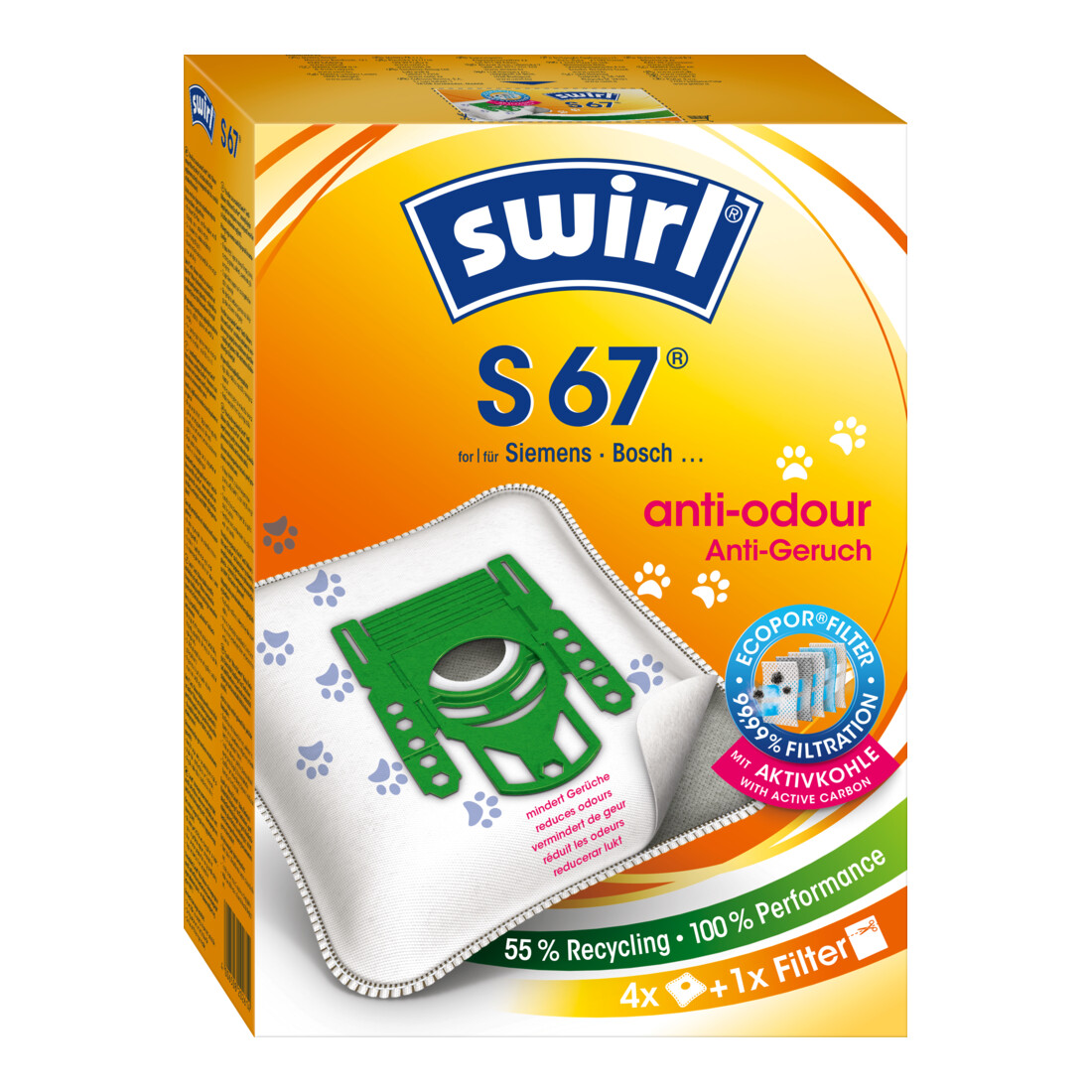 Swirl Staubbeutel S 67 Anti-Odour VE4 Siemens Bosch