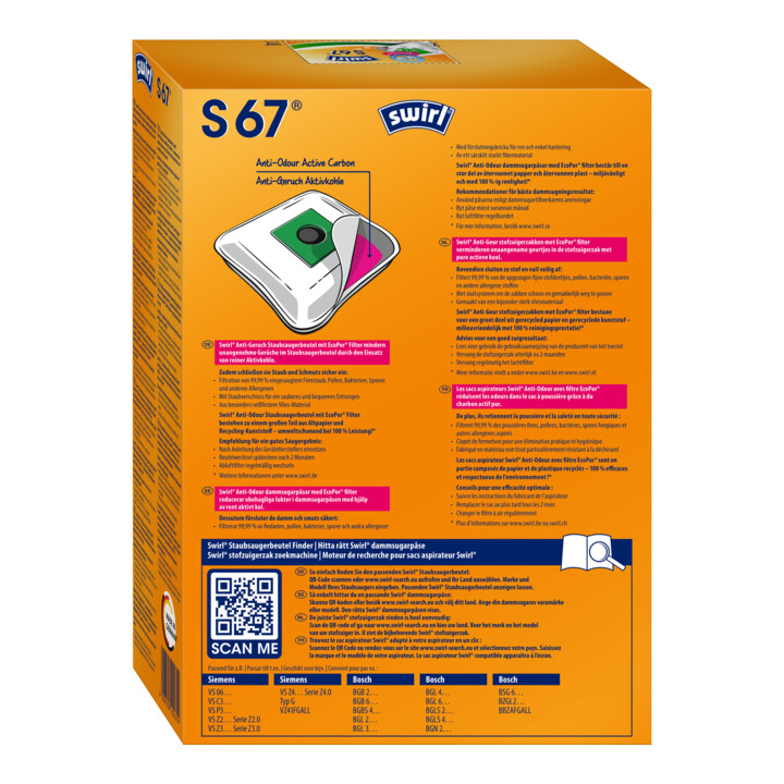 Swirl Staubbeutel S 67 Anti-Odour VE4 Siemens Bosch