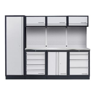 Système d'armoire d'atelier à 4 éléments Kraftwerk en acier inoxydable à trous carrés de 2640 mm de long