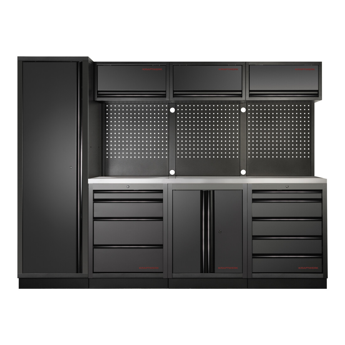 Système d'armoire d'atelier à 4 éléments Kraftwerk en acier inoxydable à trous carrés de 2640 mm de long
