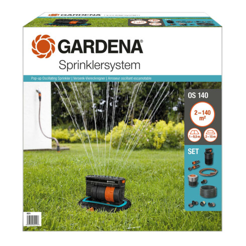 Système d'arrosage complet GARDENA avec arroseur escamotable quadrilatéral OS 140