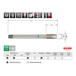 Taraud machine droit entrée GUN M DIN 376 HSSE-Co 5,  M 12