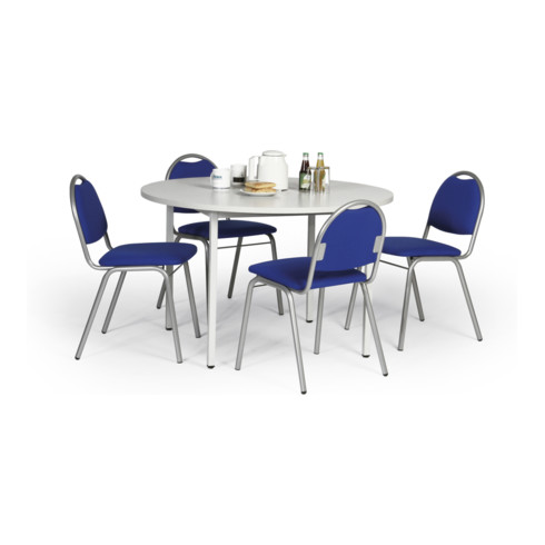 Taurotrade Tisch-Stuhl-Kombination mit Stuhlgestellen in Alusilber Sitzbezug blau runder Tisch
