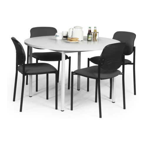 Taurotrade Tisch-Stuhl-Kombination mit verchromten Stuhlgestellen Sitzbezug schwarz runder Tisch 4 Tischbeine